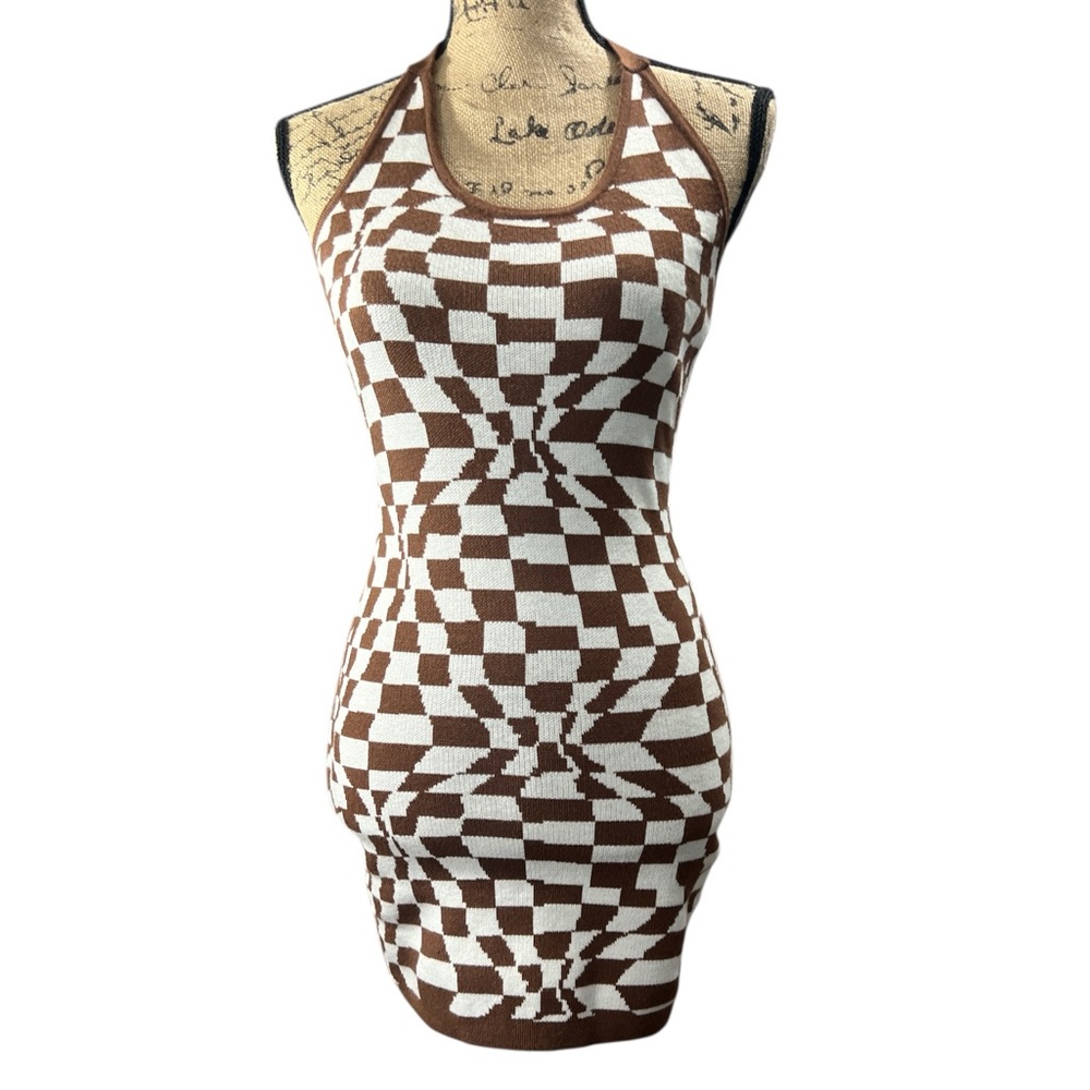 Princess Polly  EC. Brown and White Bodycon Mini Dress. Size small